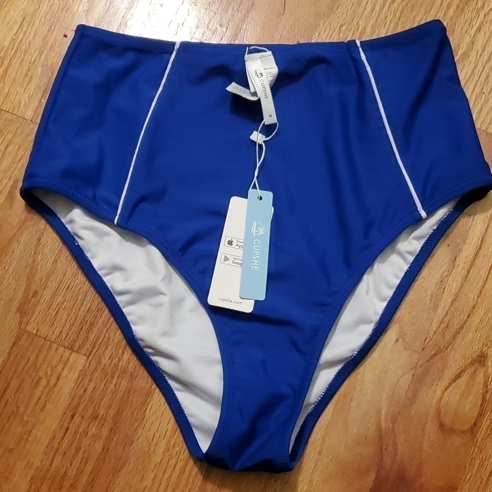 Cupshe Royal Blue High Waisted Bikini Bottoms with White Trim